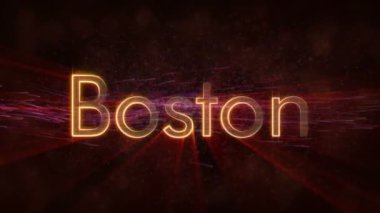 Boston - ABD şehir adı metin animasyon - parlak ışınları ile dönen ve yıldız akan bir arka plan üzerinde metin kenarında döngü