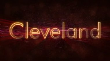 Cleveland - Amerika Birleşik Devletleri şehir adı metin animasyon - parlak ışınları ile dönen ve yıldız akan bir arka plan üzerinde metin kenarında döngü