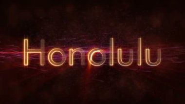Honolulu - Amerika Birleşik Devletleri şehir adı metin animasyon - parlak ışınları ile dönen ve yıldız akan bir arka plan üzerinde metin kenarında döngü