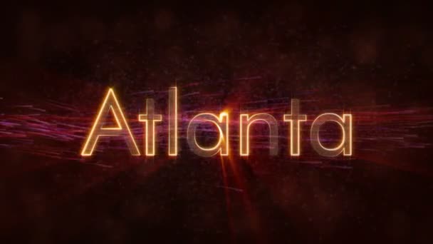 Atlanta Vereinigte Staaten Stadtname Textanimation Glänzende Strahlen Die Sich Textrand — Stockvideo