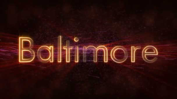 Baltimore Amerika Birleşik Devletleri Şehir Adı Metin Animasyon Parlak Işınları — Stok video