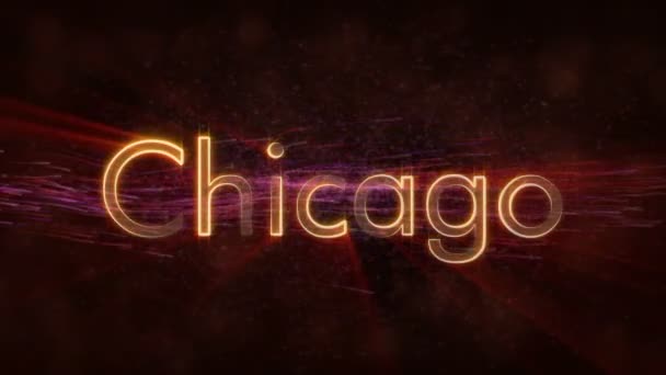 芝加哥 美国城市名称文本动画 闪亮的光线在文本边缘环绕着旋转和流动的星星的背景 — 图库视频影像