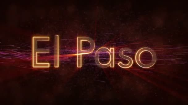 埃尔帕索 美国城市名称文本动画 闪亮的光线在文本边缘环绕着背景 旋转和流动的星星 — 图库视频影像