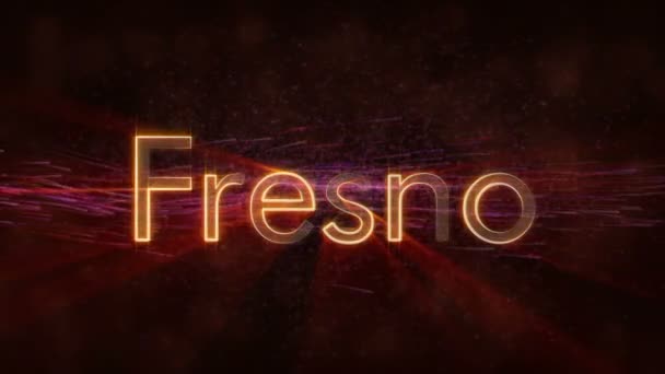 Fresno Usa Staden Namn Textanimering Glänsande Strålar Loopa Kanten Text — Stockvideo