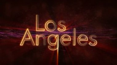 Los Angeles - Amerika Birleşik Devletleri şehir adı metin animasyon - parlak ışınları ile dönen ve yıldız akan bir arka plan üzerinde metin kenarında döngü