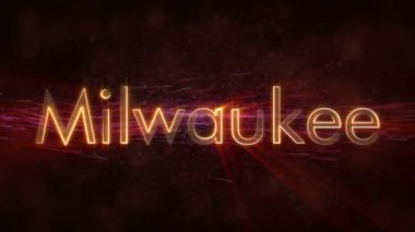 Milwaukee - Amerika Birleşik Devletleri şehir adı metin animasyon - parlak ışınları ile dönen ve yıldız akan bir arka plan üzerinde metin kenarında döngü