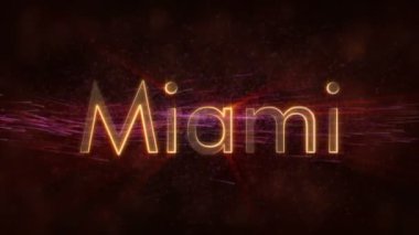 Miami - Amerika Birleşik Devletleri şehir adı metin animasyon - parlak ışınları ile dönen ve yıldız akan bir arka plan üzerinde metin kenarında döngü