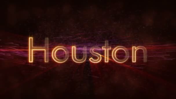 休斯敦 美国城市名称文本动画 闪亮的光线在文本边缘环绕着背景与旋转和流动的星星 — 图库视频影像