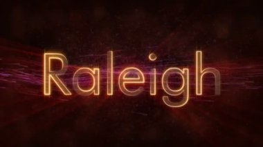 Raleigh - Amerika Birleşik Devletleri şehir adı metin animasyon - parlak ışınları ile dönen ve yıldız akan bir arka plan üzerinde metin kenarında döngü