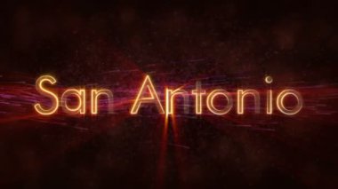 San Antonio - Amerika Birleşik Devletleri şehir adı metin animasyon - parlak ışınları ile dönen ve yıldız akan bir arka plan üzerinde metin kenarında döngü