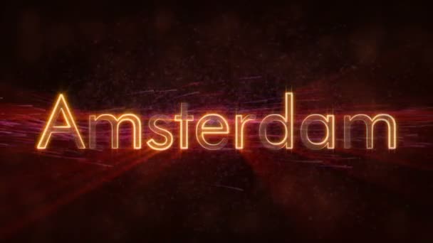 Amsterdam - błyszczący pętli nazwa miasta w Holandii, Animacja tekstu — Wideo stockowe