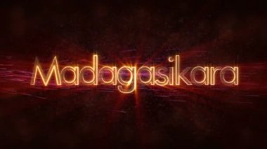 Madagasikara - İngilizce ve yerel dil metin animasyonu arasında ülke adı geçiş Madagaskar'a. Parlak ışınları ile dönen ve yıldız akan bir arka plan üzerinde metin kenarında döngü