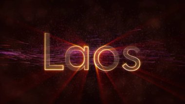 Laos - ülke adı metin ile dönen ve yıldız akan bir arka plan üzerinde bulunan parlak ışınları