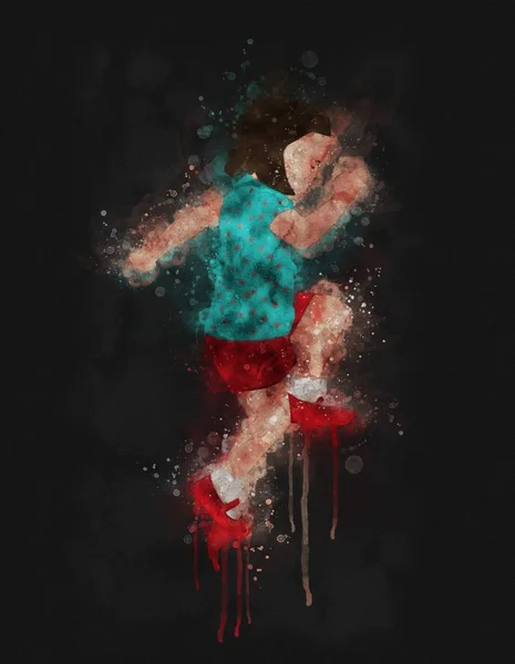Akıntısı Suluboya Sıçrayan Resimde Kırmızı Ile Oynayan Bir Çocuğun Karanlık — Stok fotoğraf
