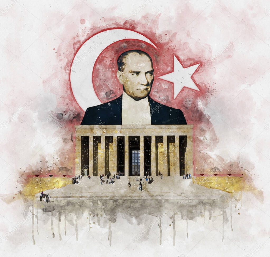 Watercolor illustration of Mustafa Kemal Ataturk behind Anitkabir Mausoleum with turkish flag on background