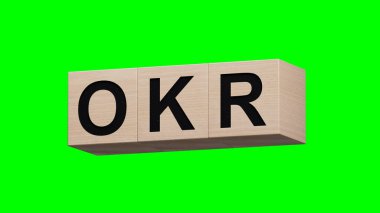 İş ve tasarım konsepti - sürreal ahşap küpler OKR. Liderliğin, iletişimin ve başarının sembolü. İş Konsepti 3D Görüntü ve kırpma yolu için Yeşil Ekran 'a yansıtılıyor.