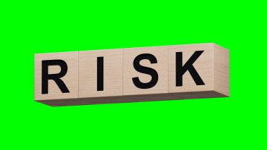 Kopya alanı olan tahta küplere kelime riski. Ahşap elementlere yakın çekim, iş konsepti 3D görüntüleme ve kırpma yolu için Yeşil Ekran 'da görüntüleme.