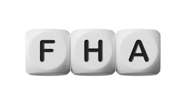 FHA kelimesi ahşap zarlara yazılmıştır. FHA - Finans Konutları Birliği 'nin kısaltması. Tahta zarlara yakın çekim, iş konsepti 3D görüntüleme ve kırpma yolu için Yeşil Ekran.