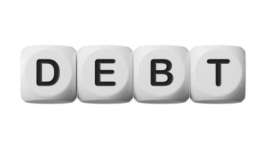 Tahta bloklar, finans sektörü kavramı 3D görüntüleme ve kırpma yolu için Yeşil Ekran üzerinde DEBT metin.