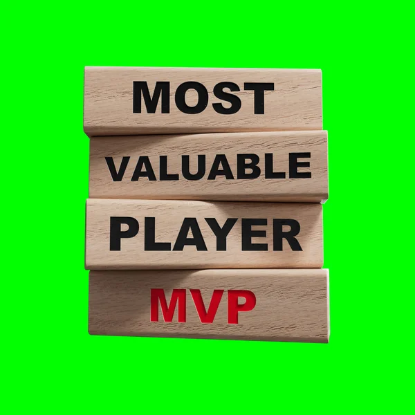 En Değerli Oyuncu Sembolü. En değerli oyuncu sözleriyle tahta bloklar. İş ve en değerli oyuncu konsepti. Tahta bloklar. Görüntü ve kırpma yolu için 3D uzay görüntüsünü Yeşil Ekran 'a kopyala.