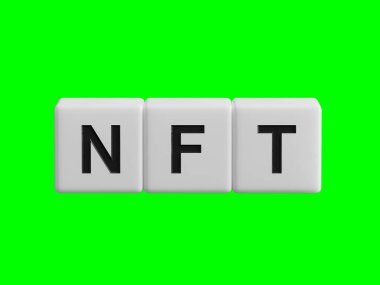 İş konsepti. Belgelerde tahta küplere işaret eden bir büyüteç var. Üzerinde NFT-İş Konsepti 3D görüntüler ve kırpma yolu için Yeşil Ekran 'a yerleştirilmiş..