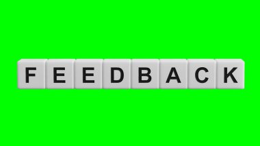 Word FEEDback ahşap küpten yapılmış. İş konsepti. Ahşap küplere yakın çekim, iş konsepti 3D görüntüleme ve kırpma yolu için Yeşil Ekran 'a yansıtılıyor..