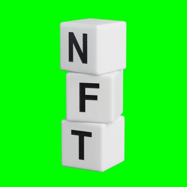 İş konsepti. Belgelerde, üzerinde NFT-İş Konsepti 3D yazan ahşap elementleri gösteren bir büyüteç var..