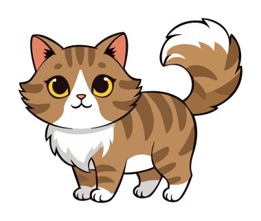 Şirin kahverengi ve beyaz çizgili çizgi film kedisi. Büyük sarı gözleri ve tüylü kuyruğu var. Bir kedi yavrusunun oyuncu çizimi.