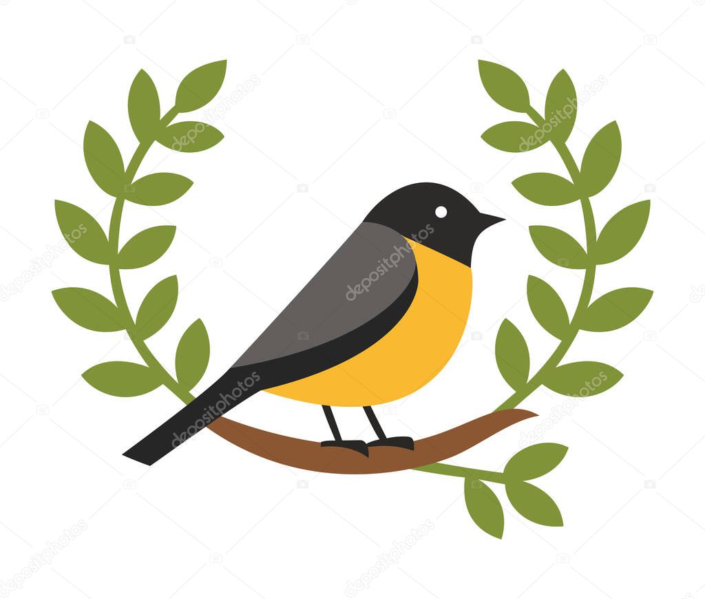 Bird on a branch logo with a green leafy wreath for nature, eco, environment, and wildlife brands