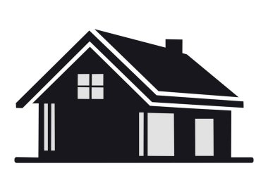 Beyaz pencereli ve kapılı bir siyah ev silueti, emlak, ev veya mülkiyet markalaşması ve simgeler için ideal.