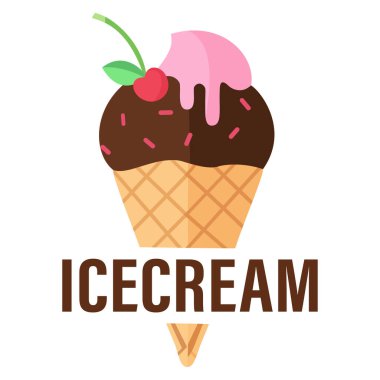 Çikolata ve çilekli dondurma logosu, üstünde kiraz olan, dondurma dükkanı ya da tatlı işi için mükemmel.