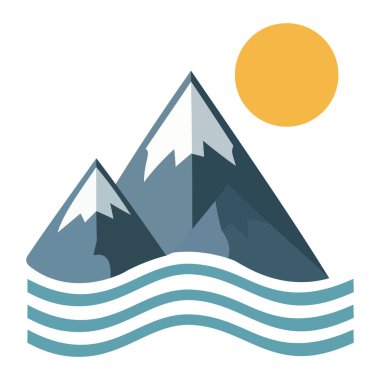 Güneşli ve dalgalı suyu olan manzaralı bir dağ sırası, logo, seyahat acentası ya da açık hava macera markası için mükemmel.