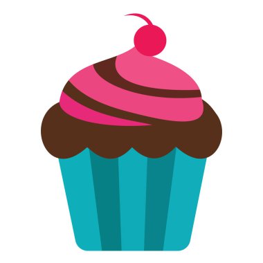 Pembe kıvrımlı çikolatalı kek ve üstünde kırmızı kiraz, pastaneler ve tatlı dükkanları için mükemmel.