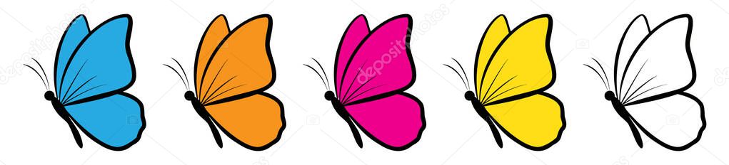 A colorful set of five butterfly icons, including blue, orange, pink, yellow, and outline versions, perfect for nature or beauty