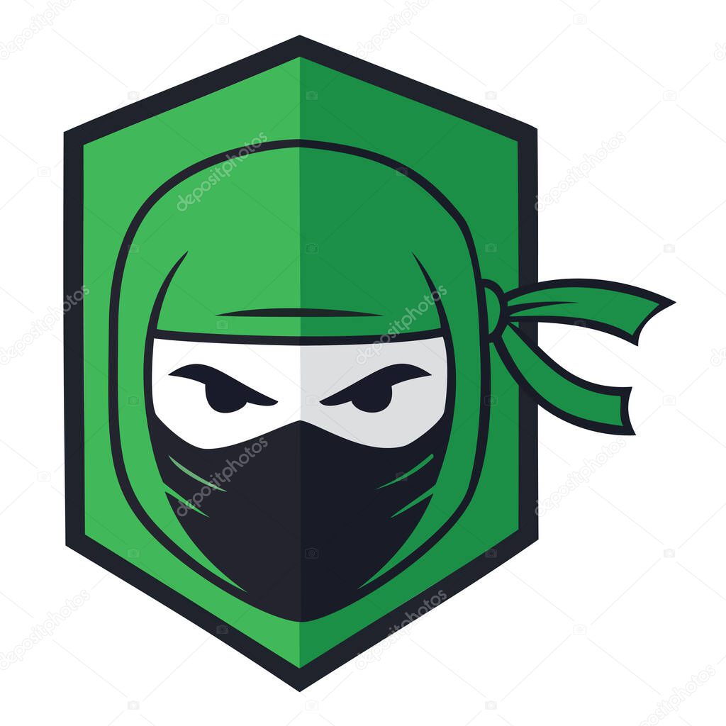 Ninja mask within a shield shape, a stealthy warrior emblem with piercing eyes, suitable for gaming, security, or sports team
