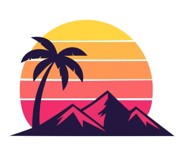 Renkli bir günbatımı logosu, bir palmiye ağacı ve dağlar, seyahat markası ya da tropikal tatil yeri için ideal.