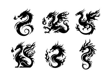 Siyah beyaz 6 ateş ejderhası logosu koleksiyonu. Modern markalaşma, oyun ve kimlik tasarımı için güçlü ve dinamik çizimler.