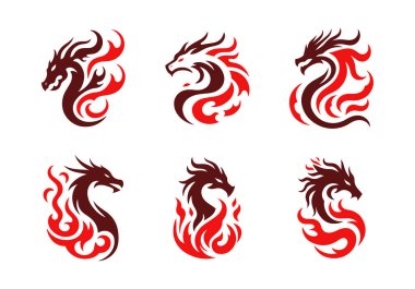 Vahşi ve dinamik efsanevi yaratıkların yer aldığı 6 adet kırmızı ateş ejderhası logosu. Markalaşma, kimlik, esport takımları ve fantezi temalı projeler için mükemmel..