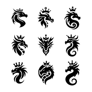 Siyah beyaz 9 kronluk ejderha logosu koleksiyonu. Kraliyet ve güçlü ejderha amblemleri kaliteli markalaşma ve kimlik projeleri için mükemmel..