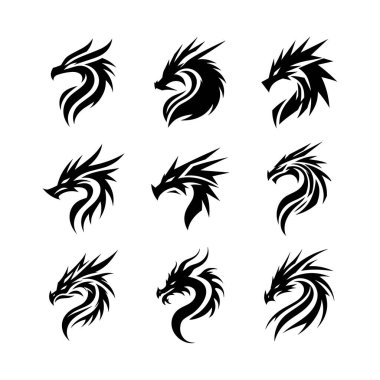 Siyah beyaz 9 ejderha robot logosu koleksiyonu. Fanteziyi teknolojiyle birleştirmek, esport, markalaşma ve modern kimlik için uygun..