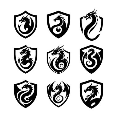 Siyah beyaz 9 kalkanlı ejderha logosu koleksiyonu. Güçlü ve savunmacı, markalaşma, esport maskotları ve kimlik tasarımı için ideal..