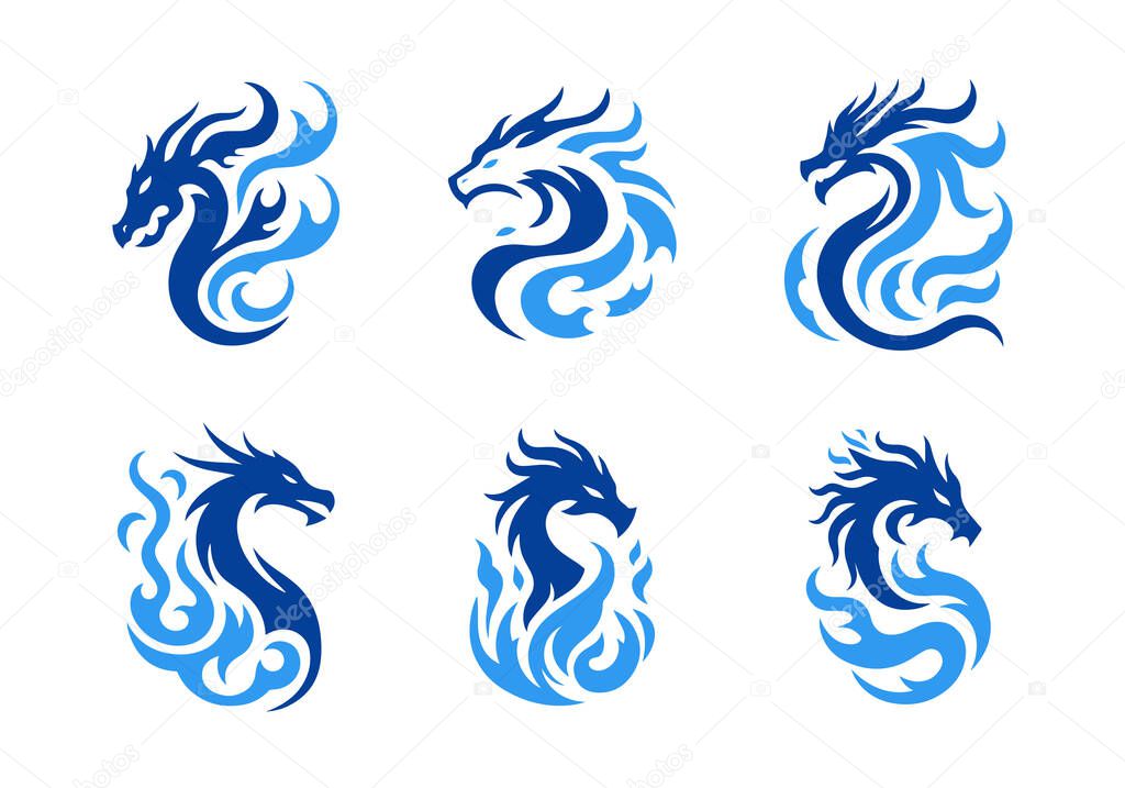 A collection of 6 professional fire-breathing dragon logo designs featuring powerful mythical themes. Suitable for branding, esport teams, and modern business identity.