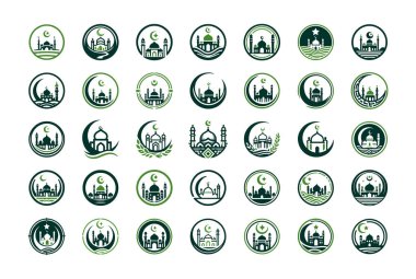 Kubbeler, minareler ve kutsal mimari içeren 35 adet İslami cami logosu koleksiyonu. Kültürel kurumlar, etkinlikler ve dini markalaşma projeleri için mükemmel..
