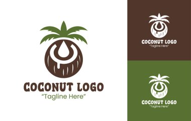 Meyve suyu markaları, kafeler ve sahil konukseverliği pazarlama malzemeleri için mükemmel bir ada temalı hindistan cevizi logosu..