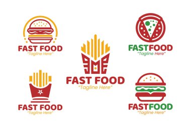 Fast food zincirleri, hamburgerciler ya da fast-servis restoranları için ideal 5 fast food logosu koleksiyonu. Bu logolar gıda endüstrisinin canlı ve hızlı doğasını yansıtıyor..