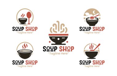 5 profesyonel çorba dükkanı logosu koleksiyonu, restoranlar, kafeler ve sıcak ve rahatlatıcı yemekler sunan yiyecek markaları için ideal..