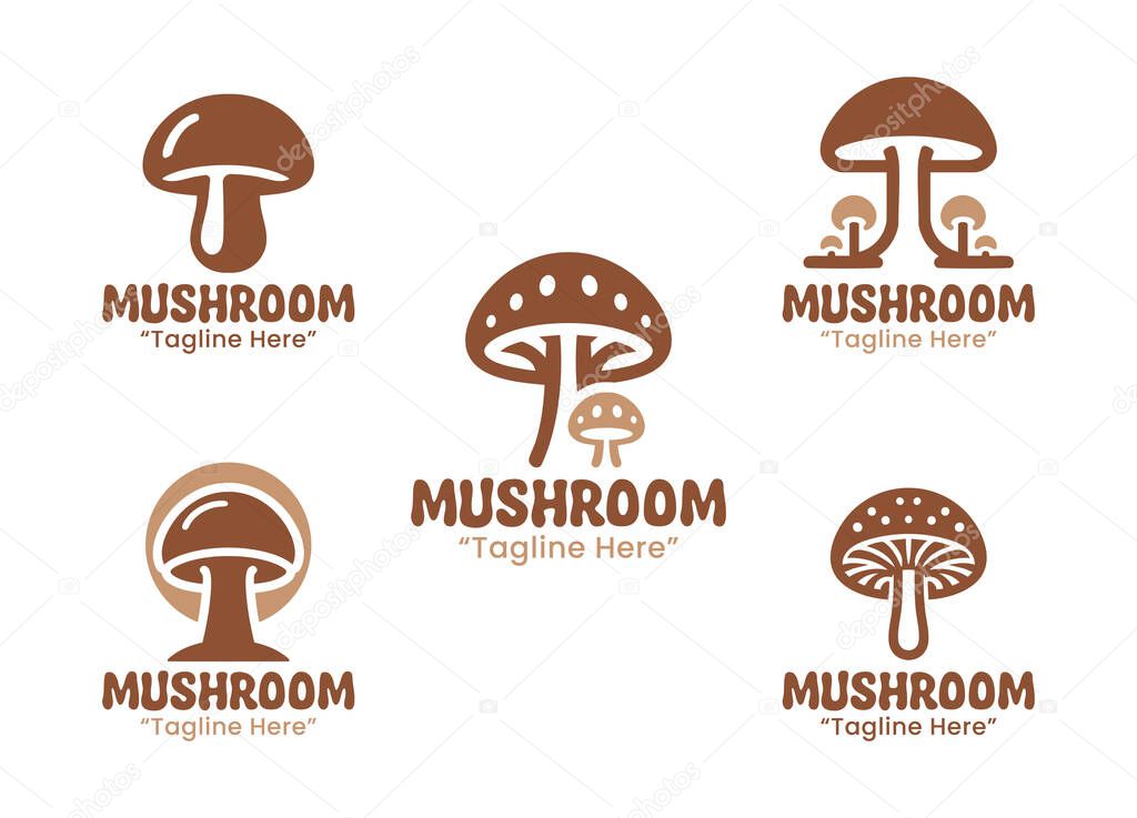 A collection of 5 brown mushroom logos, perfect for natural food brands, eco-friendly businesses, and organic farms. These logos showcase earthy tones and nature-inspired themes.