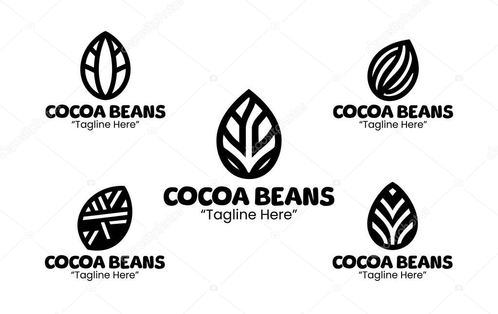 A collection of 5 cocoa beans logos, ideal for chocolate makers, organic food brands, and cocoa farms. These logos focus on the natural, earthy quality of cocoa production. in black and white silhouette style