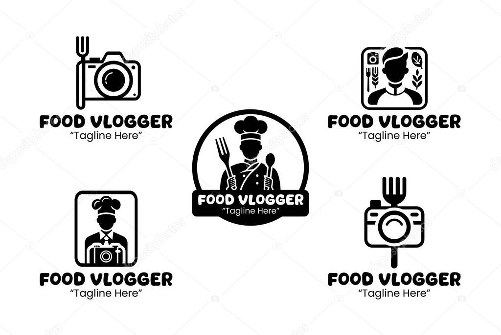 A collection of 5 food vlogger logos, ideal for video creators, YouTubers, or social media influencers in the food industry. These logos reflect fun, energy, and a passion for food. in black and white silhouette style