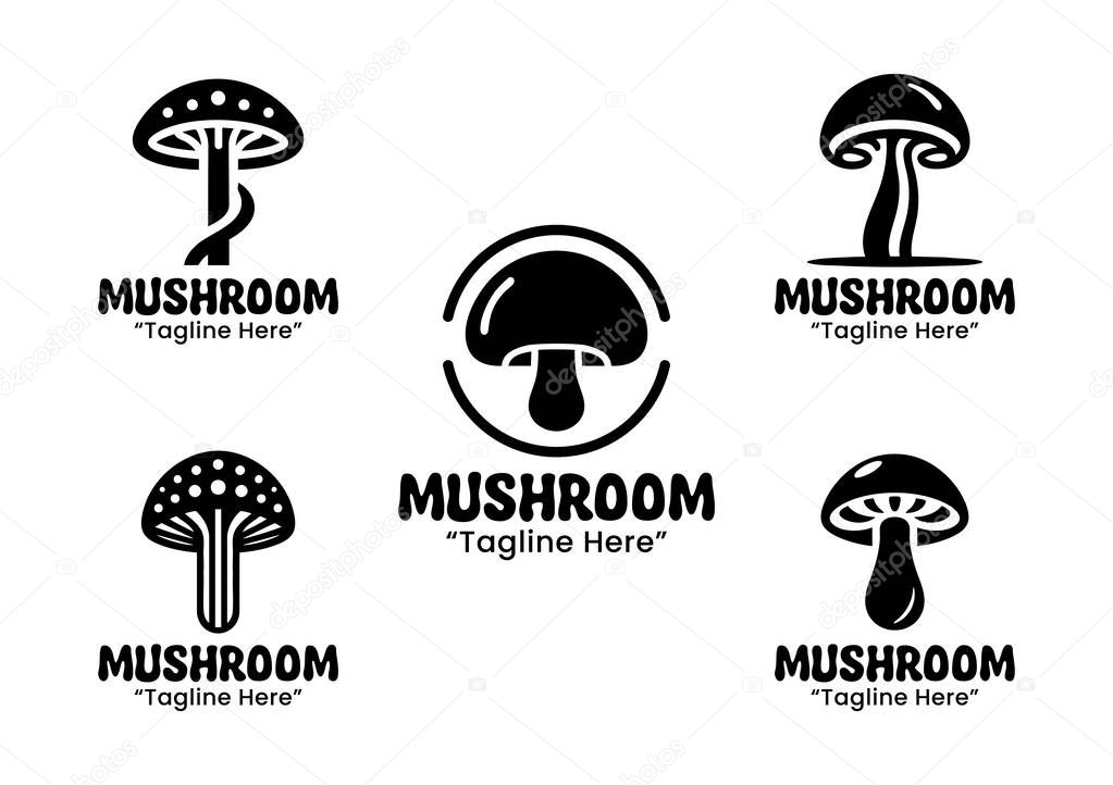 A collection of 5 mushroom logos, perfect for businesses in the organic, eco-friendly, and health-focused industries. These logos reflect the natural and earthy qualities of mushrooms. in black and white silhouette style
